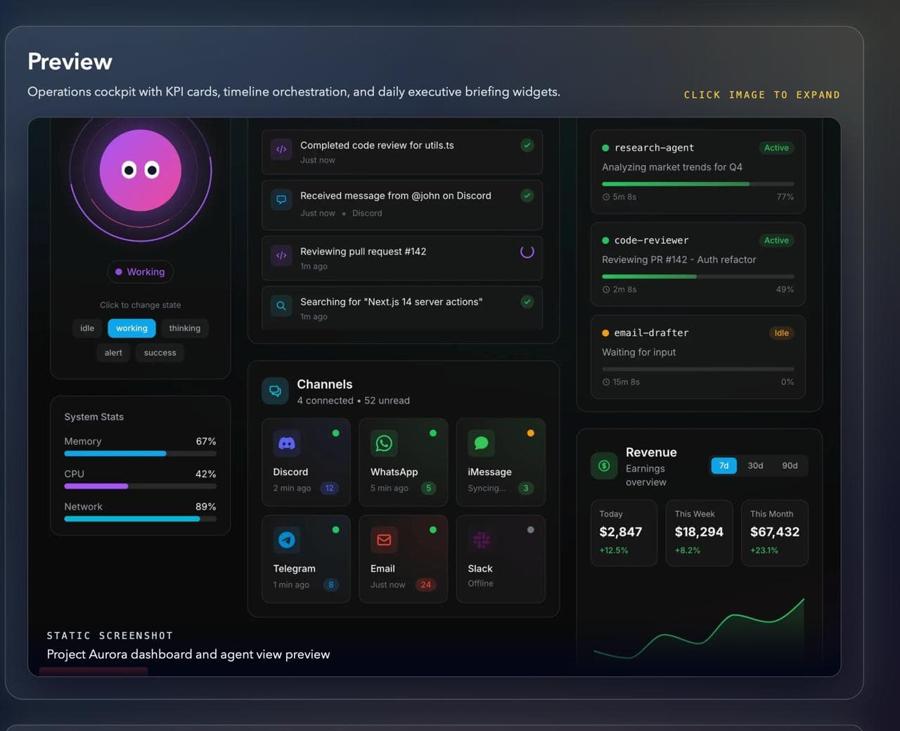 Project Aurora dashboard and agent view preview
